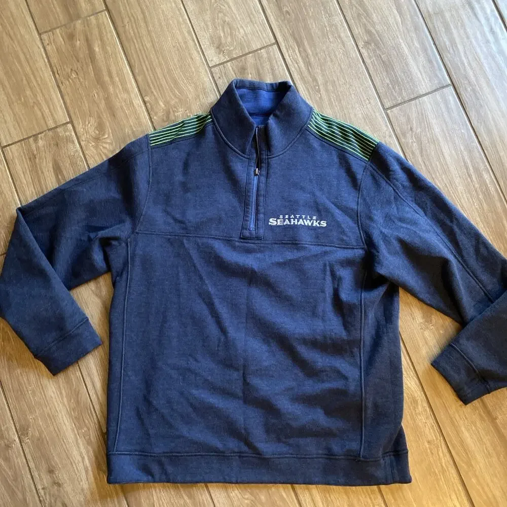 Tommy Bahama NFL Seattle Seahawks Blue Long Sleeve 1/4 Zip Sweater Reversible L
